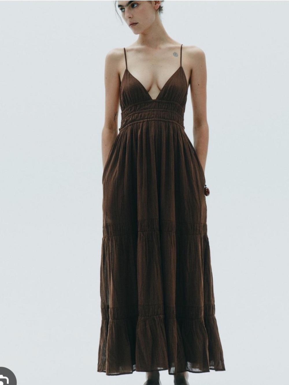 Zara Cotton Brown Embroidered Gauze Midi Dress NWT S